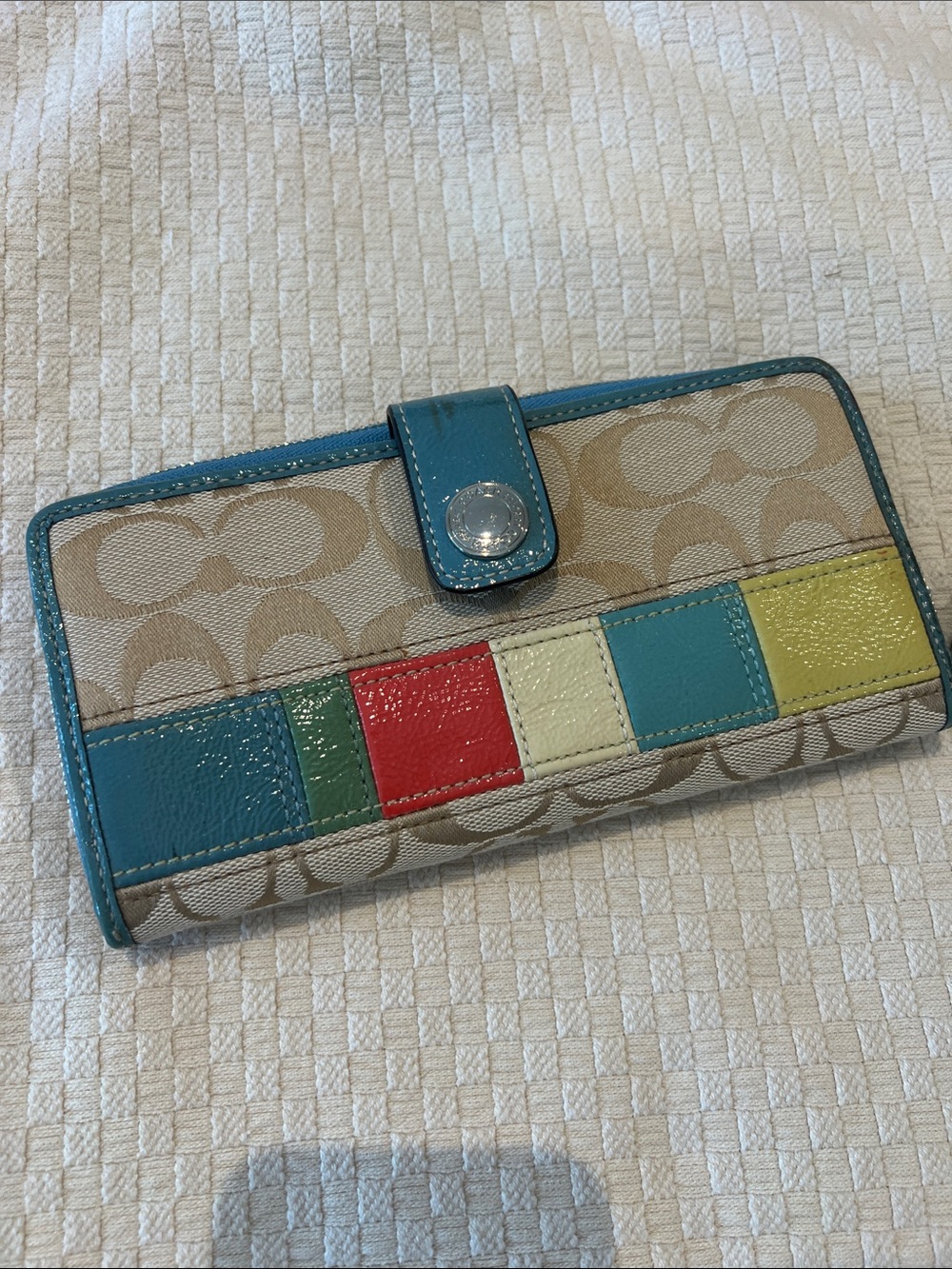 Coach Beige Signature Wallet with Teal Trim and Multi-Color Blocks